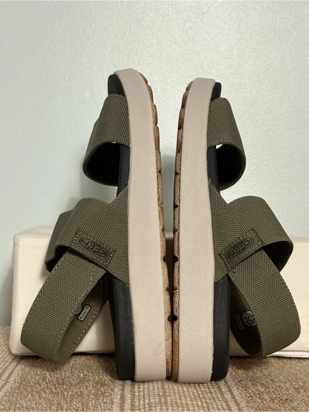 Keen Women’s Elle Backstrap Strap in Dusty Olive, Sporty Platform Wedge—  Size-7